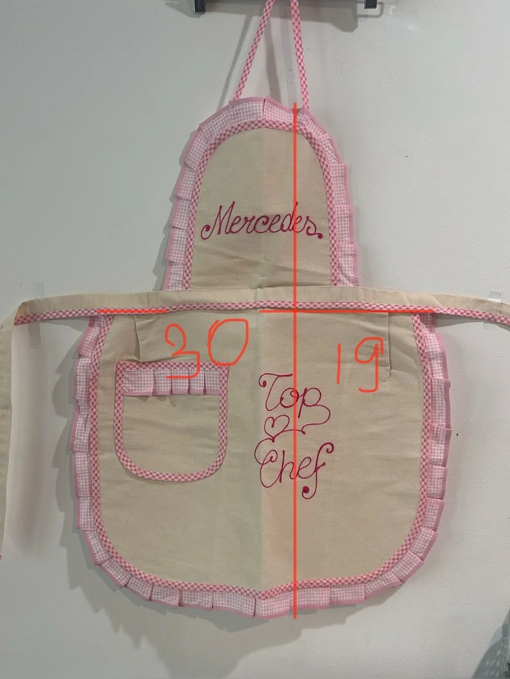 Ricami Veronica Italy Personalized “Mercedes” Top Chef Apron Pink Gingham NWOT